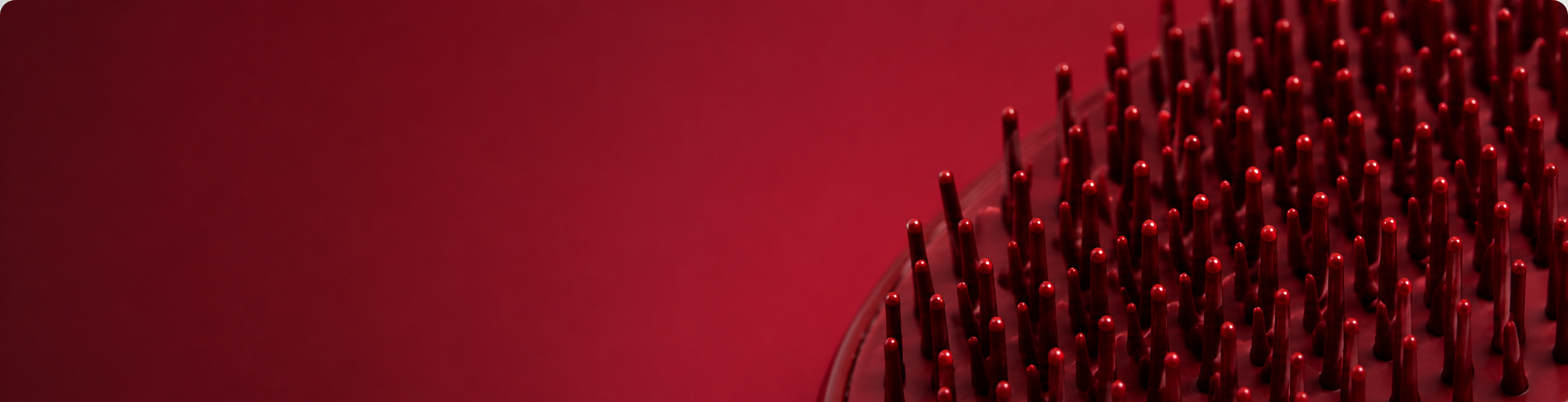 Red hairbrush with bristles on a red background